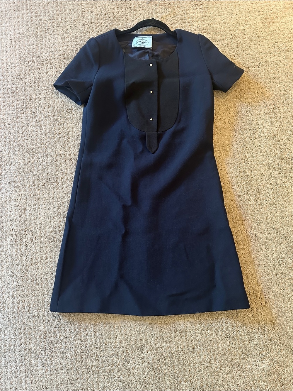 Prada Navy Short-Sleeve Mini Dress with Bib Detail